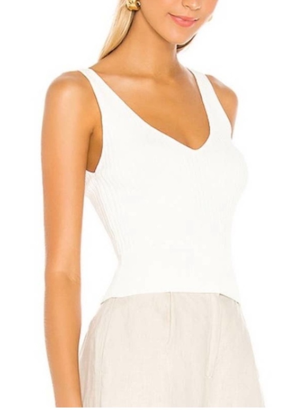 Line and Dot Lynn Cream Ribbed V-Neck Tank Top Classic Minimalist Capsule M